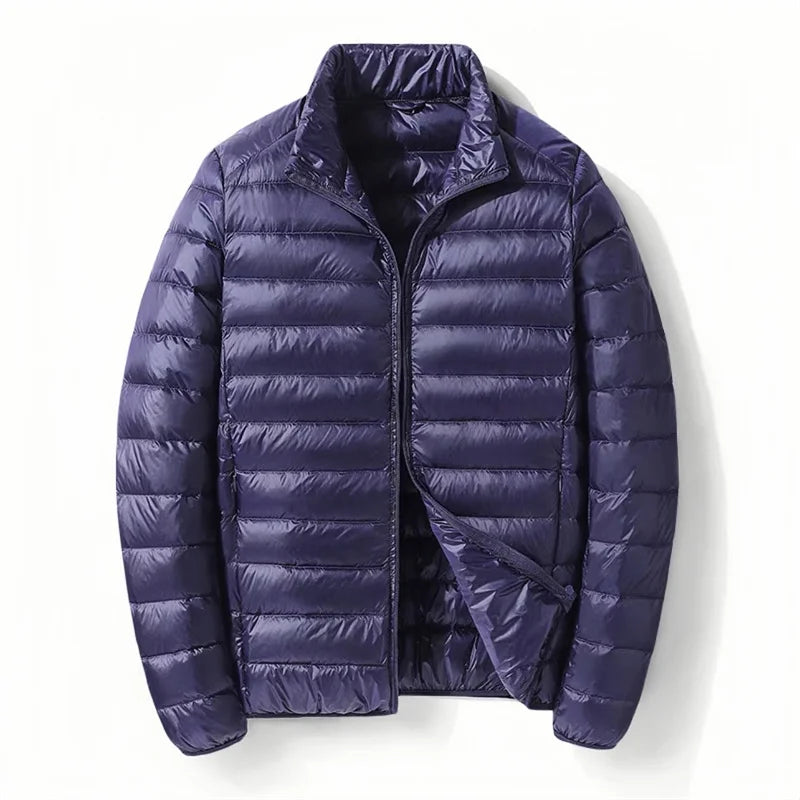 Men White Duck Down Jacket Warm Hooded Ultra Lightweight Packable Coat Winter Water and Wind-Resistant Breathable Down Jacket