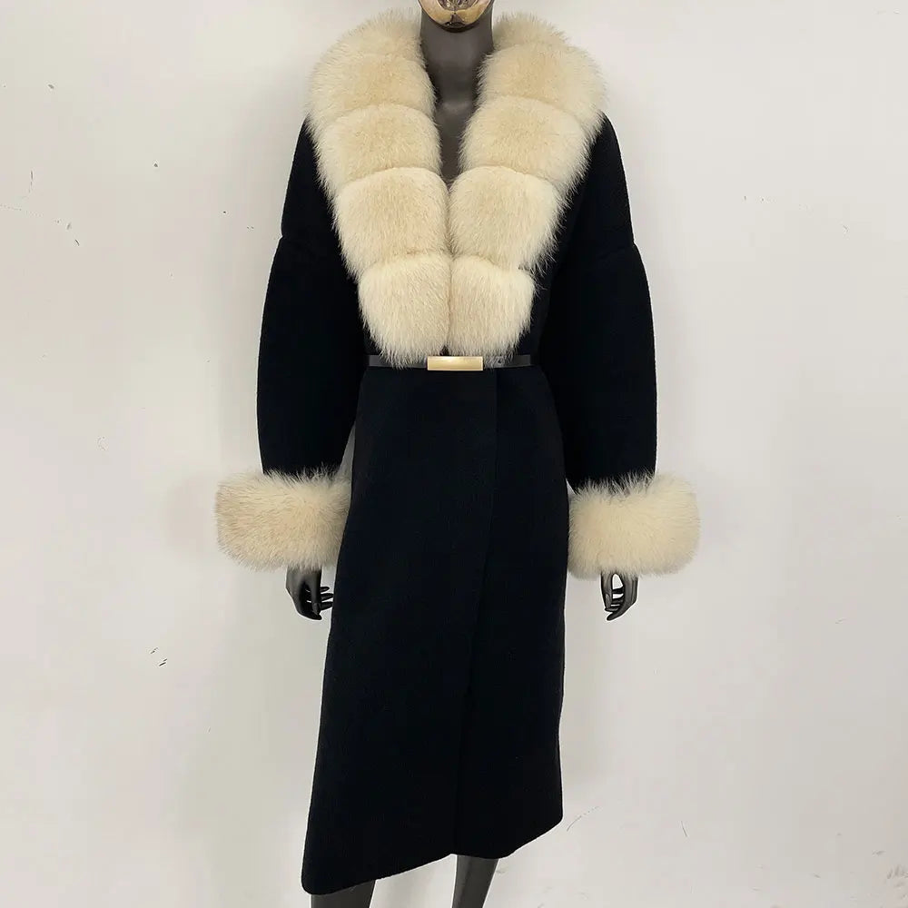 Long Knitwear Coat Women Warm Belt Real Fox Fur Jacket Female 2024 New Autumn Winter Kintted Natural Fur Coat Women