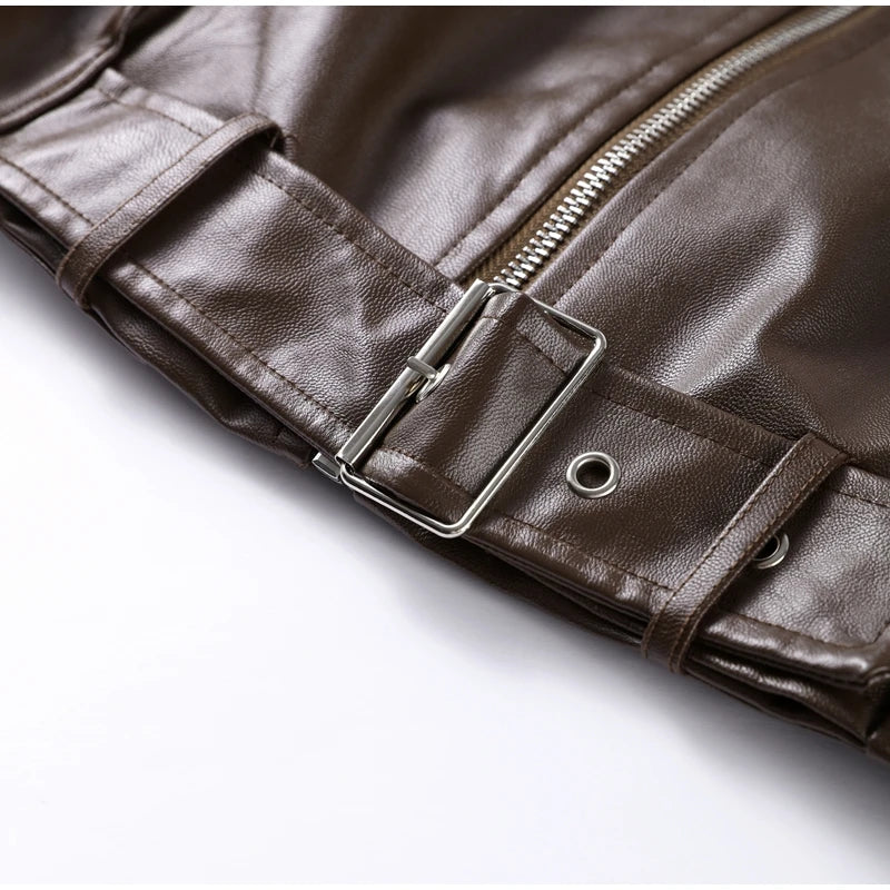 Street Women's Belt Leather Jackets Loose Lapel Zipper Long Sleeve Pockets Female Coats 2026 Autumn Lady Fashion Y2k Outwear