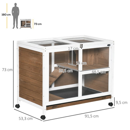Hutcrate rabbit Cage on castors small animals enclosure in solid drink 2 floors sunroof 91,5x53,3x73 cm Brown