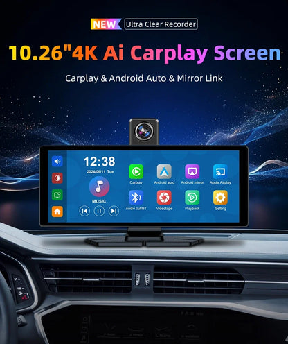 7"/10.26" 4K Dash Cam Wireless Carplay Android Auto 350° Rotating Lens Car DVR GPS Navigation Dashboard Video Recorder Bluetooth