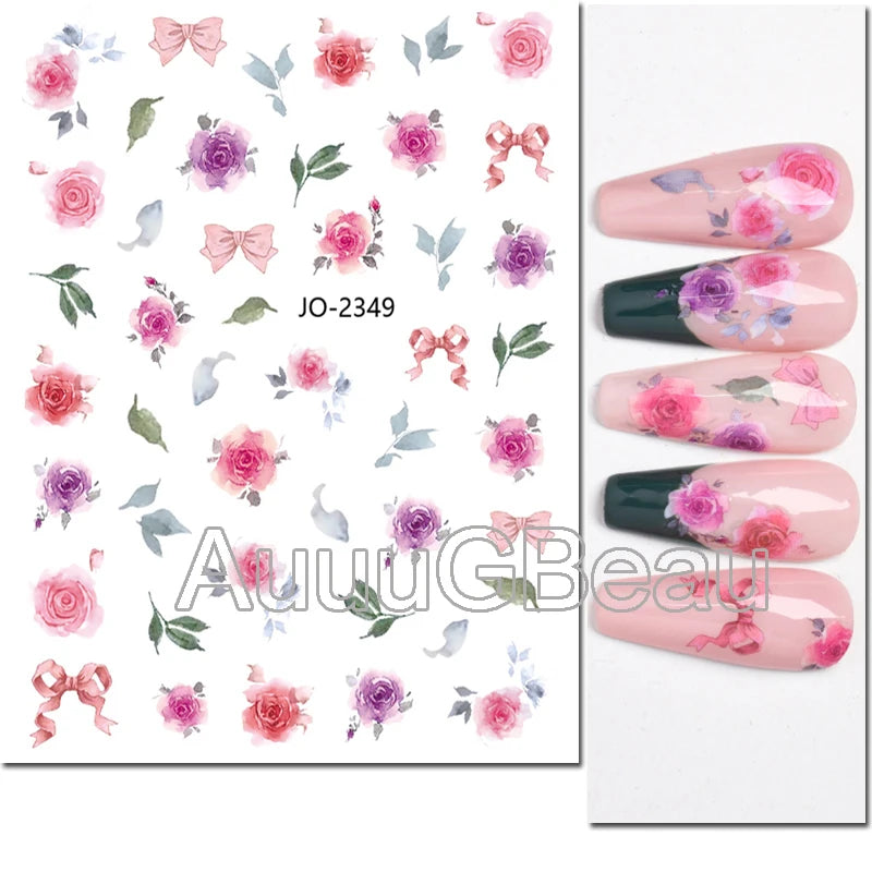 3d Nails Art Decals Spring Fruits Pink Full Tips Peony Magnolia Flowers Adhesive Sliders Stickers Decoration For Nails Manicure