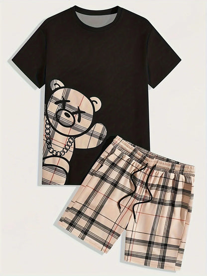 2026 Summer Casual Short-Sleeve Fashionable Breathable Sports Set Loose-Fit Quick-Dry Men's Short-Sleeve Hip-Hop Bear Print Set
