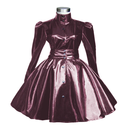 Plus Size Sweet Girl Mini Dress PVC Leather High Neck Button Pleated  A-line Dress Preppy Style Back Zipper Long Sleeve Dress