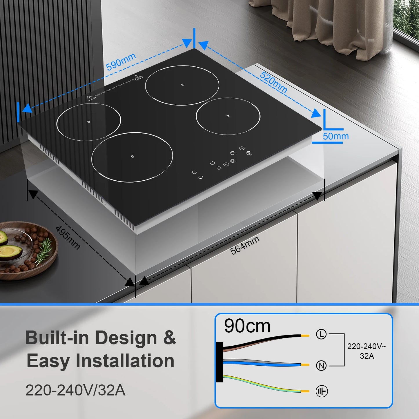 KICHPOWER 60 cm glass 4 plates Touch control, 9 power levels ceramic hob
