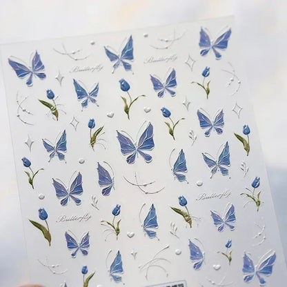 Shiny Jelly Butterfly Charming Golden Gradient Bowknot 5D Self Adhesive Nail Art Sticker Flower Petal Rhinestone Manicure Decals