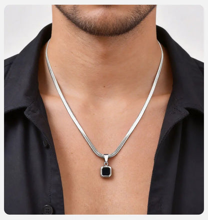 Vnox Geometric Square Natural Stone Pendant Necklace for Men, Gold Silver Color Stainless Steel Blade Chain, Trendy Jewelry Gift