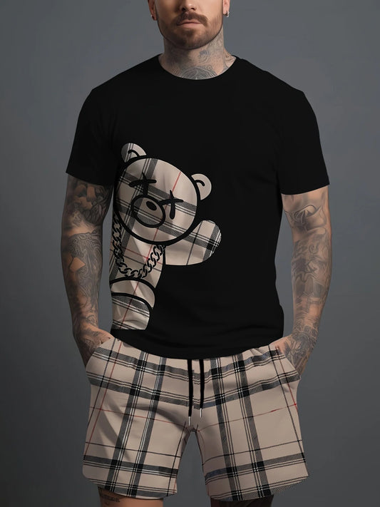 2026 Summer Casual Short-Sleeve Fashionable Breathable Sports Set Loose-Fit Quick-Dry Men's Short-Sleeve Hip-Hop Bear Print Set