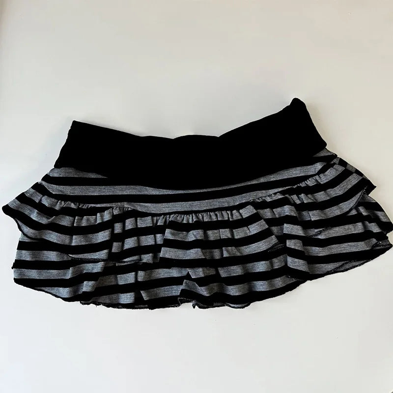 2026 Summer New Women's Wear  Y2K Grunge Black and Grey Striped Ruffle Mini Skirt  High Waist Elastic Waist Tight A-line Skirt