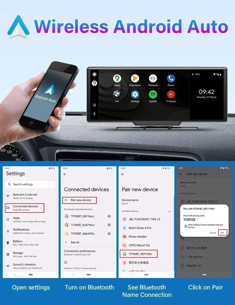 Srnubi 10.26" Dash Cam Rearview Carplay Android Auto 4K DVR Navigation Player Dual Len Recorder Dashboard WIFI BT