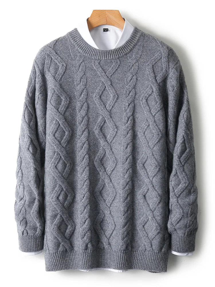 100% Merino Wool Men's Round Neck Thickened Autumn Winter Warm Casual Fashionable Knitted Sweater