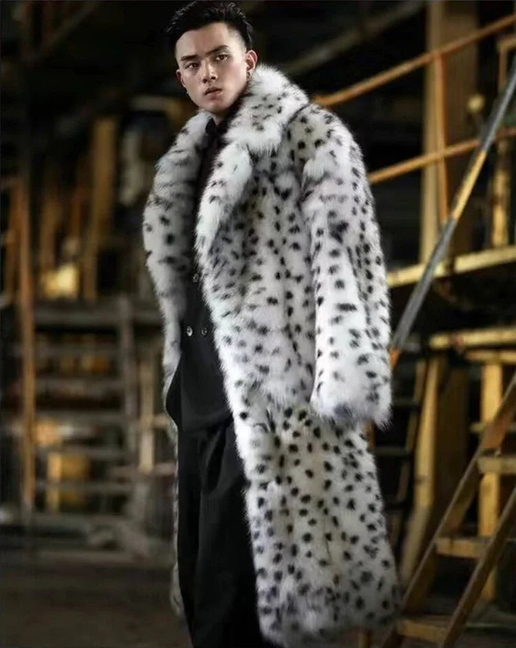 Leopard Men Winter Thick Hooded Faux Fox Fur Coat Jacket Long Sleeve Warm Luxury Fur Black Parkas Bontjas Furry Shaggy Outerwear