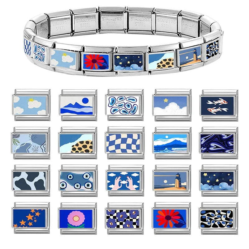 Fashion Blue NO.8 Ball Panda Elephant Cat Flower Italian Charms Fit 9mm Stainless Steel Women Fashion Bracelet DIY Jewelry Gifts