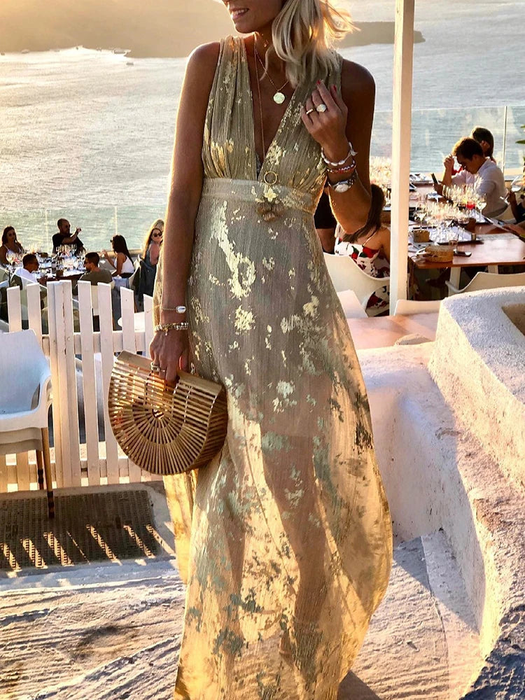 Women Deep V-Neck Maxi Party Dress Summer Patchwork Sleeveless Solid Casual Holiday Ladies Dress Elegant Streetwear Dropshipping