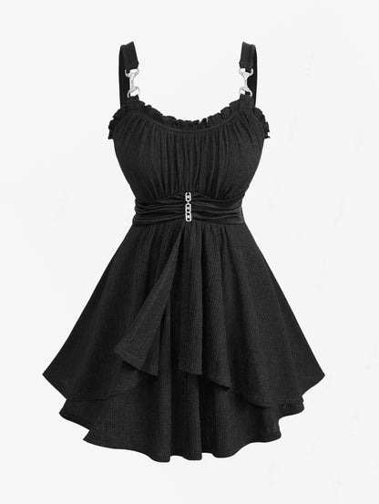 Plus Size Women's Tank Top, Solid Color Ruched Ruffles Chain Panel Silk Waist Ribbed Textured Buckle Vest
