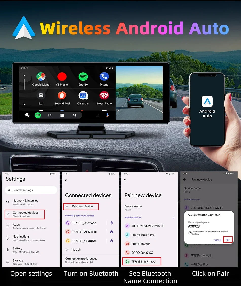 7"/10.26" 4K Dash Cam Wireless Carplay Android Auto 350° Rotating Lens Car DVR GPS Navigation Dashboard Video Recorder Bluetooth