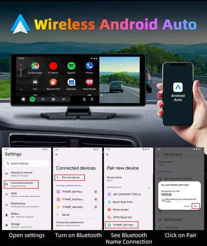 7"/10.26" 4K Dash Cam Wireless Carplay Android Auto 350° Rotating Lens Car DVR GPS Navigation Dashboard Video Recorder Bluetooth