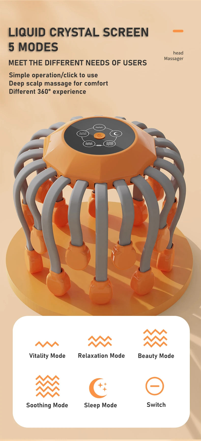 20 Massage Heads Orange Scalp Massager - Red Light Vibrating Octopus Scratcher for Relaxation, Stress Relief