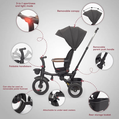 Baby Tricycle,7 in 1 Foldable Trike for Kids age 6M+ to 5 Years,Headlights.1-Step Brake Folding Pedal, Extended Canopy