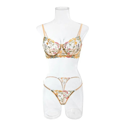 2-Piece Embroidery Lingerie Set Sexy Floral Sheer Wireless Bra Boho Bra Panty Set