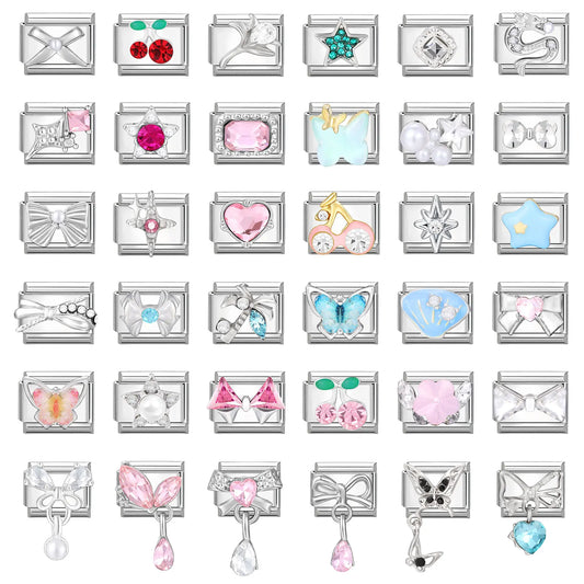 Zircon Star Heart Bow Moon Cherry Moon Italian Charm Links Fit 9mm Stainless Steel Bracelet Women Jewelry DIY Making Gifts