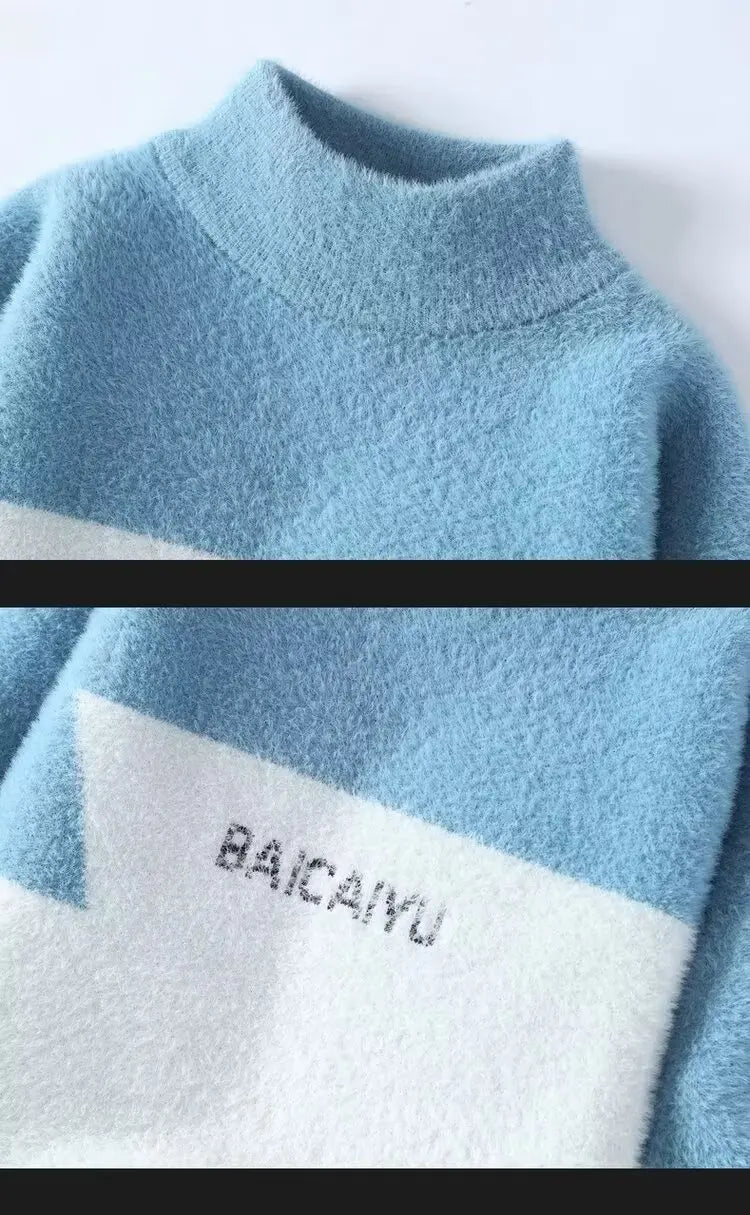 New Men's Plush Sweater Pullovers Korean Winter Warm O Neck Colorblock Sweater High Quality Cool Top Fashionable Men's Clothing