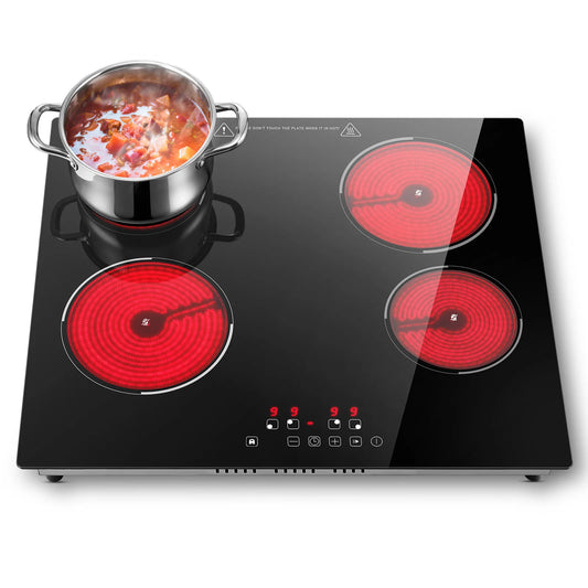 6000W Built-in Ceramic Hob, 4 Zone Induction Cooktop with Touch Control, 9 Power Levels, Timer & Child Lock, 60cm Black Glass