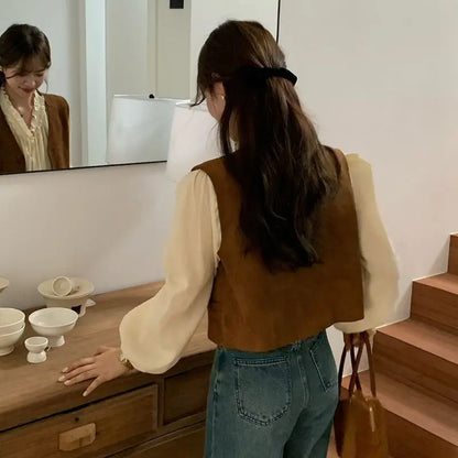 Retro Vests Women V-neck Single Breasted All-match Korean Style Spring Autumn Layering Outerwear Cozy Vintage Loose Comfortable