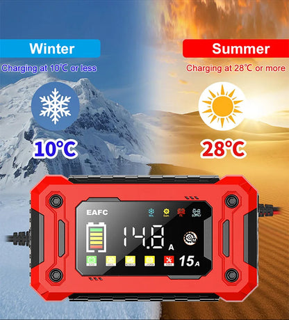 Newest 12V Car Battery Charger 15A/8A Pulse Repair Large Display Smart Charger for Car Motorcycle Lead Acid AGM GEL Batteries