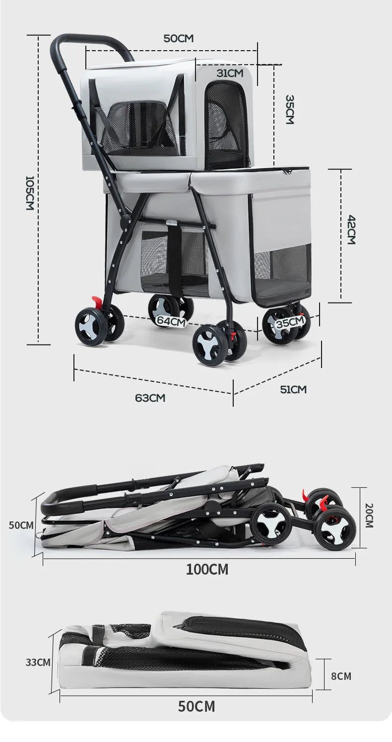 Luxury Double-Layer Eco-friendly ABS Material 4-Wheel Pet Stroller Small Large Dogs Cats Lightweight Travel Pet Carriers