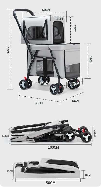 Luxury Double-Layer Eco-friendly ABS Material 4-Wheel Pet Stroller Small Large Dogs Cats Lightweight Travel Pet Carriers