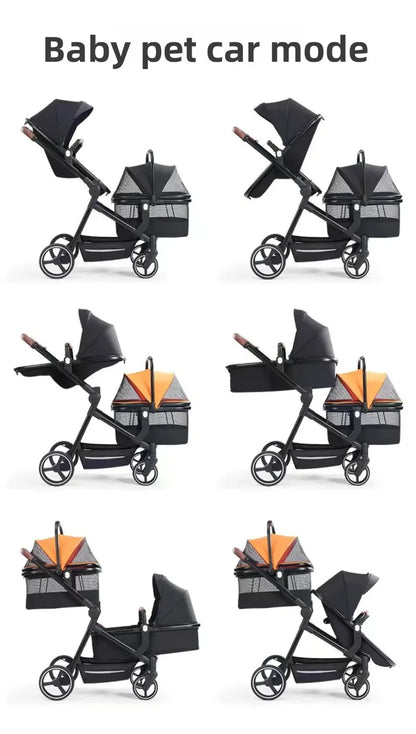 Portable pet stroller, dual-mode stroller that can carry both pets and babies at the same time, multifunctional and foldable,  pet carrier