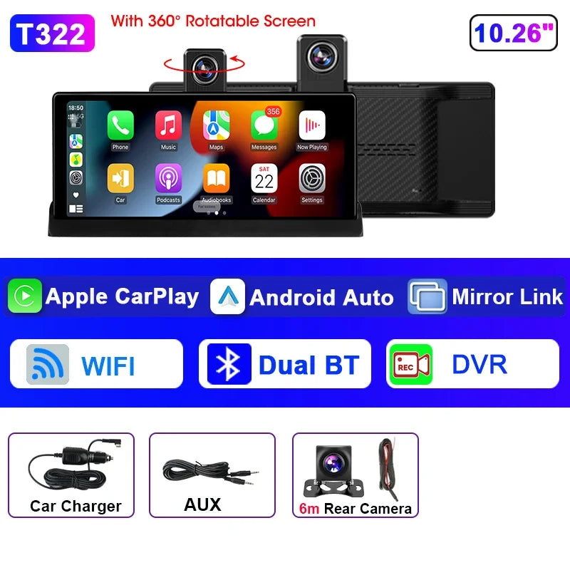 Srnubi 10.26 inch 4K ADAS Car DVR with 360° Rotation Dash Cam Wireless Carplay Android Auto Mirror Link BT WIFI AUX FM Dashboard
