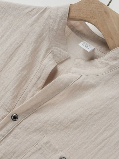 Summer Men's Cotton and Linen Shirt Casual Short Sleeved Stand Up Collar Top Breathable Loose Men's Fashionable Streetwear