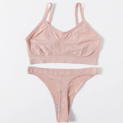 Women Seamless Bra And Panties Set Wire Free Bralette High Leg Cut Thongs Comfort Ribbed Unlined Underwear Sexy Lingerie Set