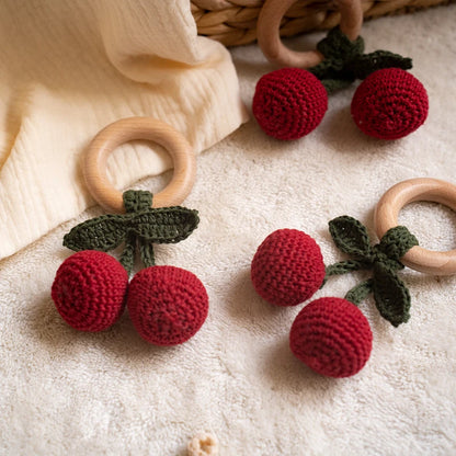 Wooden Baby Teether Cute Fruit Style Handmade Crochet Rattle Toys Newborn Soother Teething Chew Toys for Boys Girls Babies Gifts