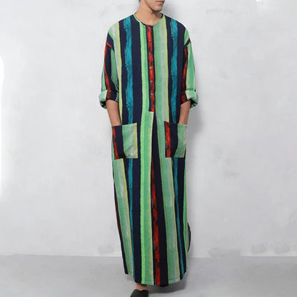 New Men Islam Qamis Muslim Striped Robes Long Sleeve Button-down Arabian Kaftan Suit Middle East Dubai Abaya Summer Man Clothing