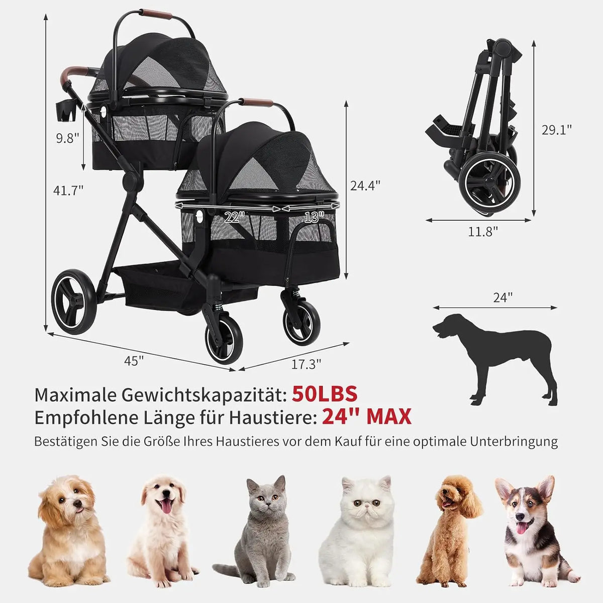 Dog Pushchair Foldable Pet Trolley with 2 Removable Dog Crate Bag for Two Small Dogs Cats Load Capacity Up To 15 Kg Per Level