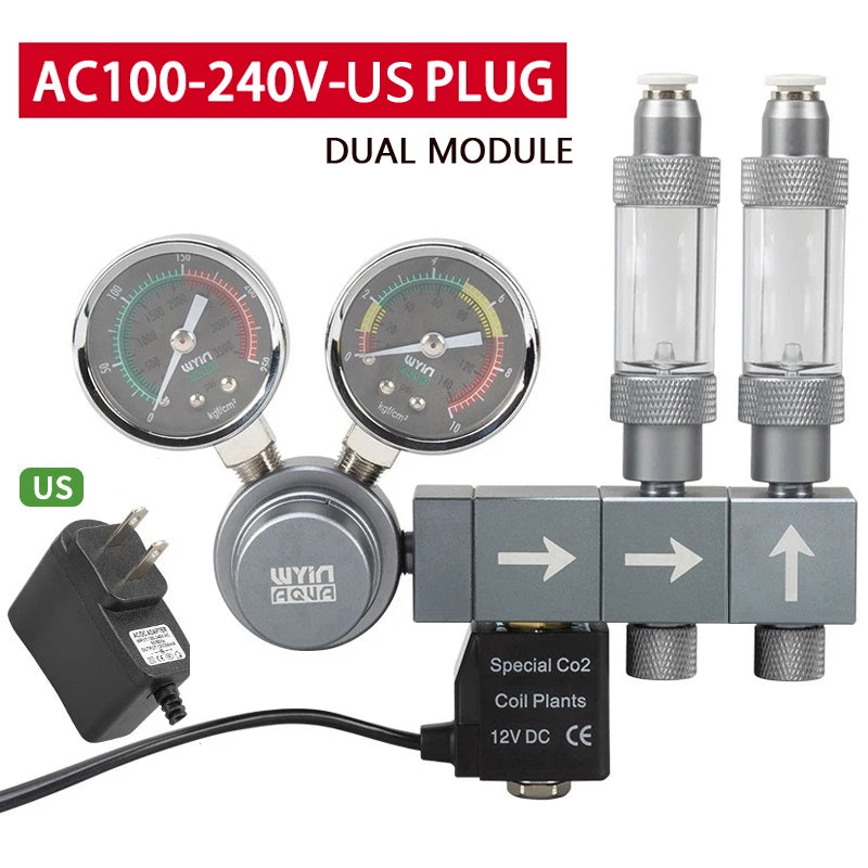 Aquarium CO2 Regulator Dual Meter Solenoid Valve Quick Plug Foam Recorder Control System Fish Tank CO2 Pressure Reducing Valve