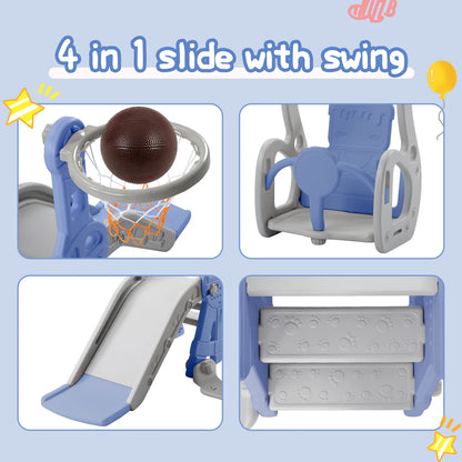 Kids 4-in-1 Slide and Swing Set, Toddler Playground with Basketball Hoop and Climbing Ladder, Indoor Outdoor Activity Center, HDPE Plastic Playset with Adjustable Swing Height, Anti-Slip Steps and Stable Base for Toddlers