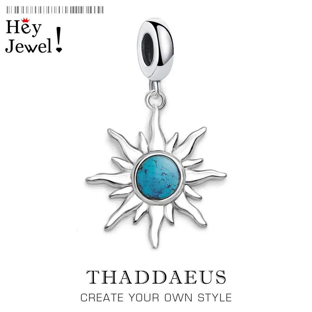 Blue Stone Sun Dangle Charm For Women Men 925 Sterling Silver Pendant Jewelry Trendy Gift