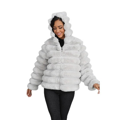 2026 Faux Fur Women Coats Hooded Full Sleeve Short Coat Zipper Thick Warm Solid Temperament Elegant Splice Autumn Winter