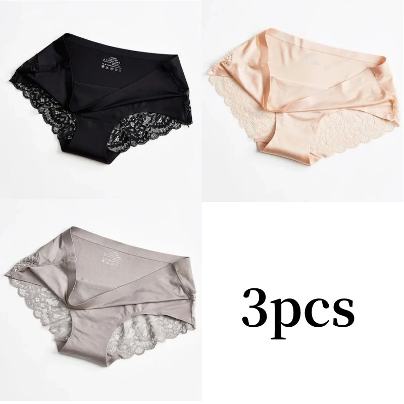 3pcs Lace Women's Panties French Seamless Underwear Female Ice Silk Briefs Solid Color Breathable Underpants Lingerie