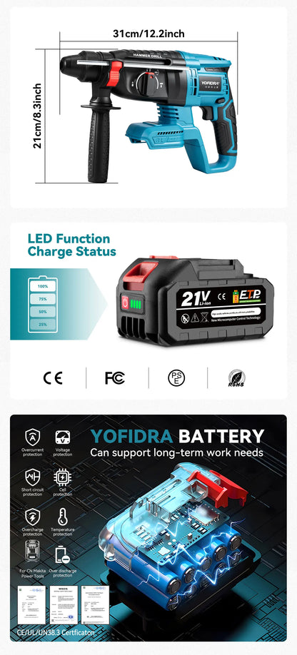 YOFIDRA 26MM Brushless Electric Hammer Drill Multifunctional Rotary Cordless Rechargeable Power Tools For Makita Battery Pin