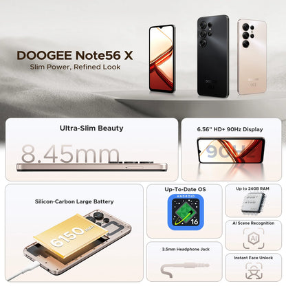 Global Version DOOGEE Note56 X Android Smartphone 16 "battery 6150 mAh 24 Go RAM (3 + 21) 64 Go ROM Phone mobile