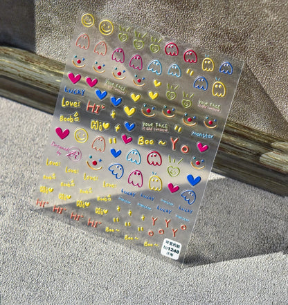 Collage Text English Letter Musical Note Star Graffiti Colorful 5D Love Heart Bowknot Nail Art Sticker Adhesive Manicure Decals