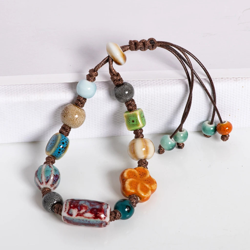 Handmade Ceramic Beaded Bracelet Adjustable Boho Woven Jewelry Vintage Ethnic Style Gift for Women Fashion Accessories S02-035