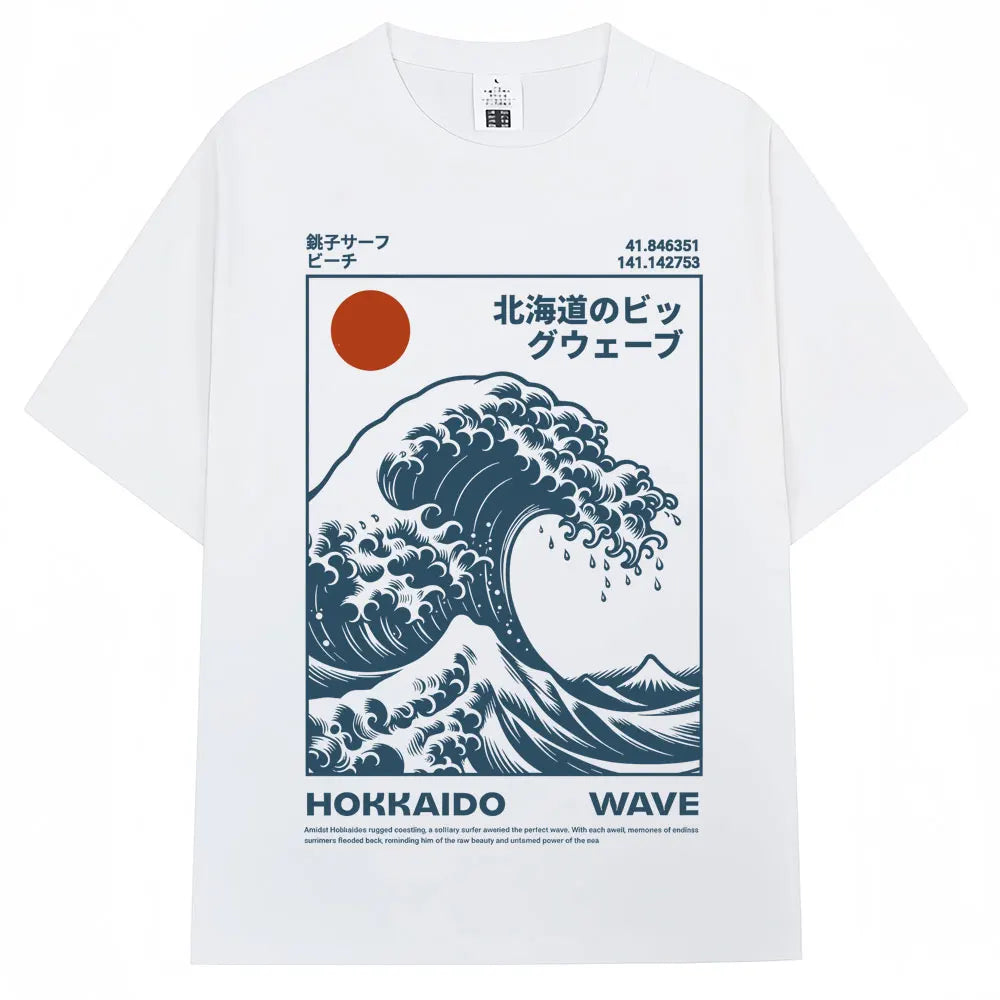 Japanese Style Hokkaido Wave Vintage T-shirt Men Women Harajuku Fashion High Quality T Shirts Oversized Cotton Summer Tee Shirt