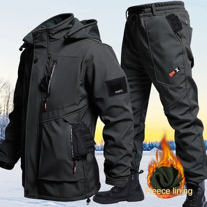 Autumn And Winter Solid Color Hooded And Velvet Assault Set Outdoor Labor Protection Suit Casual Mountaineering Work Suit