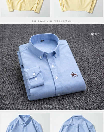 Casual Pure Cotton Oxford Mens Shirts Long Sleeve Embroidery Horse Design Regular Fit Fashion Button Man White Dress Shirt
